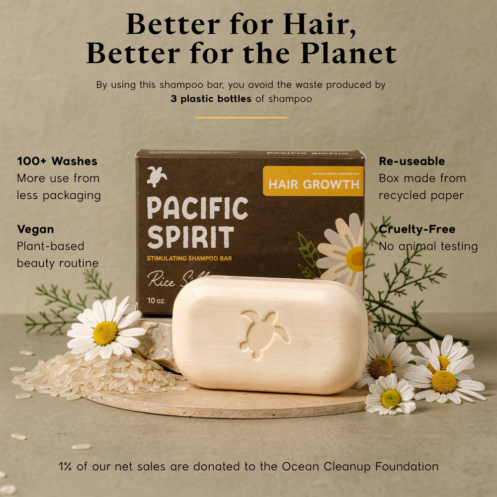 Pacific Spirit Rice Silk Hair Growth 2-in-1 Shampoo Bar for Thinning Hair, Rice Extract & Caffeine, 3.53 Oz